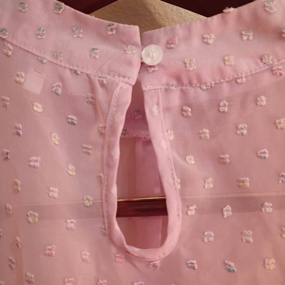 Pink Sheer Chiffon Clip Dot Mock Neck Long Sleeve Blouse - Picture 5 of 13